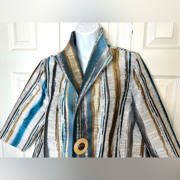 IC by CONNIE K Jacket Coat Metallic Striped Tapestry Blazer Blue Golden Yellow - Picture 5 of 9